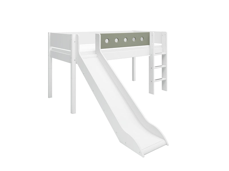 WHITE Lit mi-hauteur avec Toboggan, 90x200 cm, Blanc/Natural Green