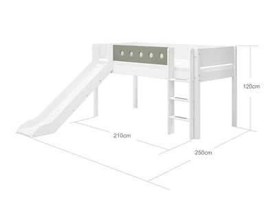 Mid-high Bed with Slide, Straight Ladder and Safety Rails, 90x200 cm, White/Natural Green