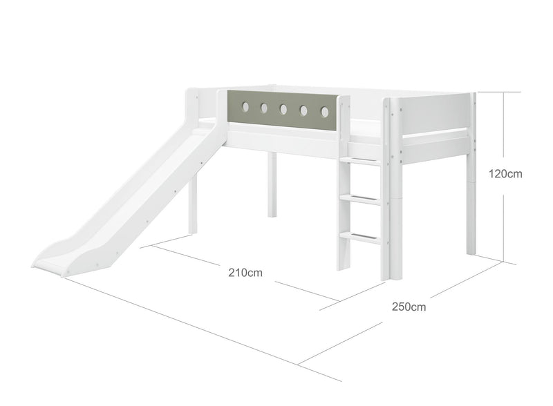 WHITE Halbhohes Bett mit Rutsche, 90x200 cm, Weiß/Natural Green