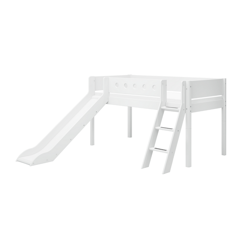 Mid-High Bed with Slide, Ladder and Safety Rail, 90x200 cm, White