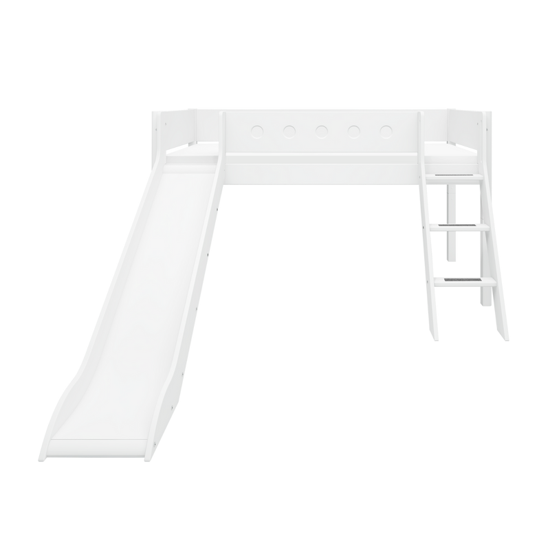 Mid-High Bed with Slide, Ladder and Safety Rail, 90x200 cm, White