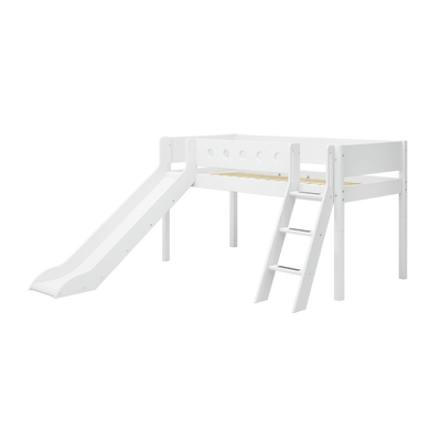 Mid-High Bed with Slide, Ladder and Safety Rail, 90x200 cm, White