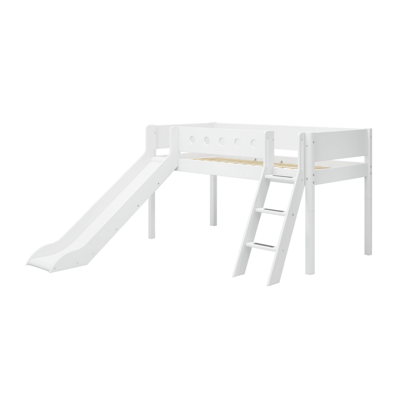 Mid-High Bed with Slide, Ladder and Safety Rail, 90x200 cm, White