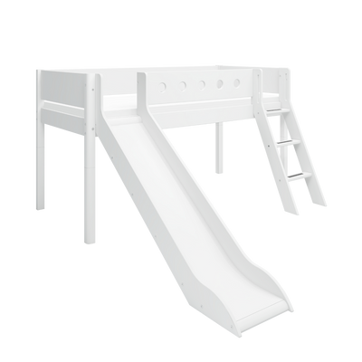 Mid-High Bed with Slide, Ladder and Safety Rail, 90x200 cm, White