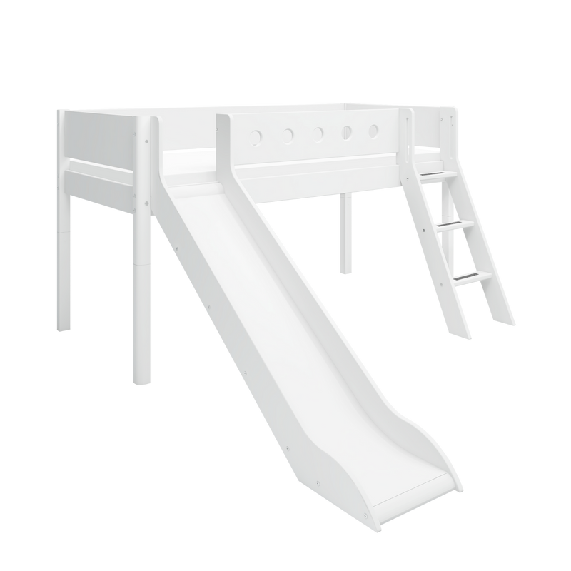Mid-High Bed with Slide, Ladder and Safety Rail, 90x200 cm, White