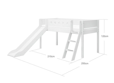 WHITE Halfhoogslaper met Glijbaan, Schuine Ladder, 90x200 cm, Wit