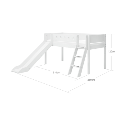 Mid-High Bed with Slide, Ladder and Safety Rail, 90x200 cm, White