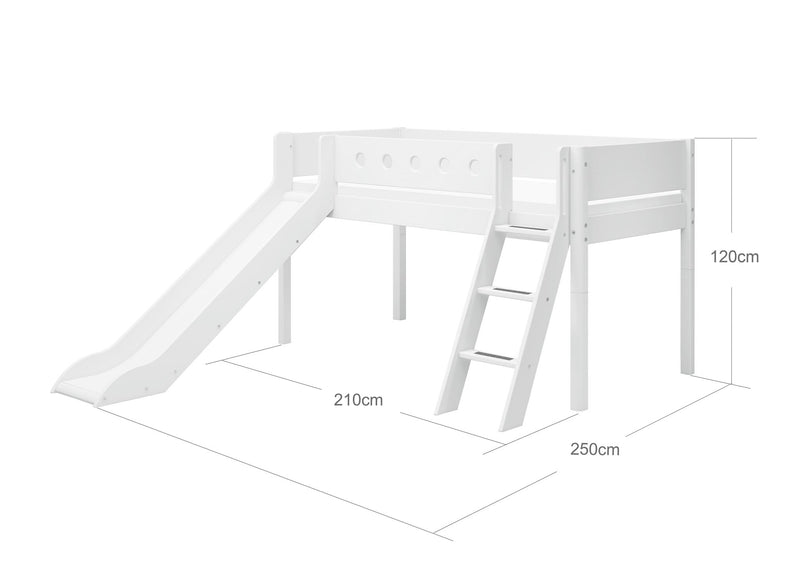 Mid-high Bed with Slide, Slanting Ladder and Safety Rails, 90x200 cm, White