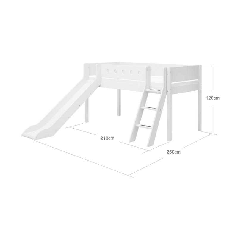 Mid-High Bed with Slide, Ladder and Safety Rail, 90x200 cm, White
