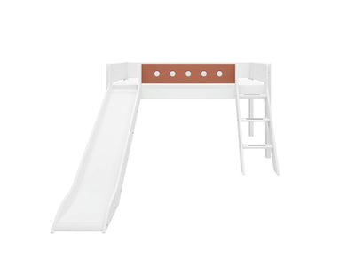 Mid-high Bed with Slide, Slanting Ladder and Safety Rails, 90x200 cm, White/Blush