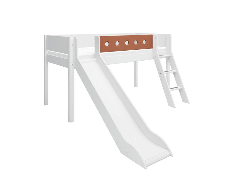 WHITE Halfhoogslaper met Glijbaan, Schuine Ladder, 90x200 cm, Wit/Blush