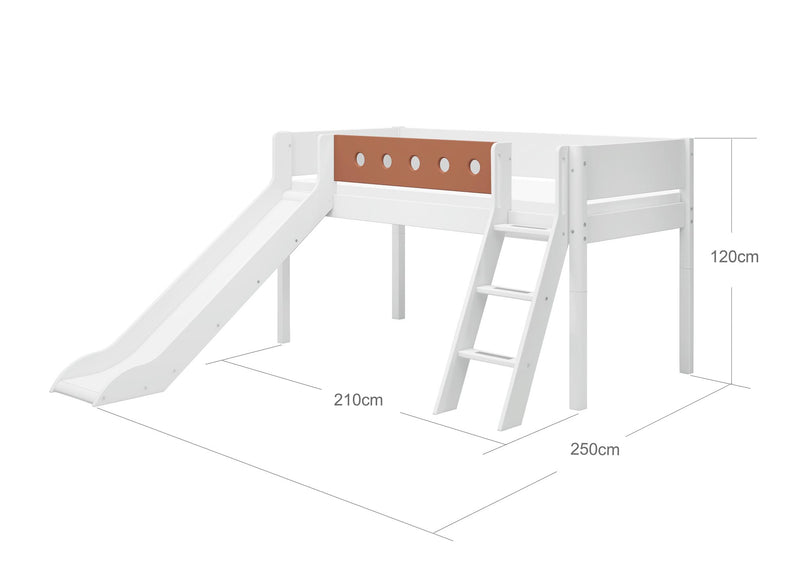 Mid-high Bed with Slide, Slanting Ladder and Safety Rails, 90x200 cm, White/Blush