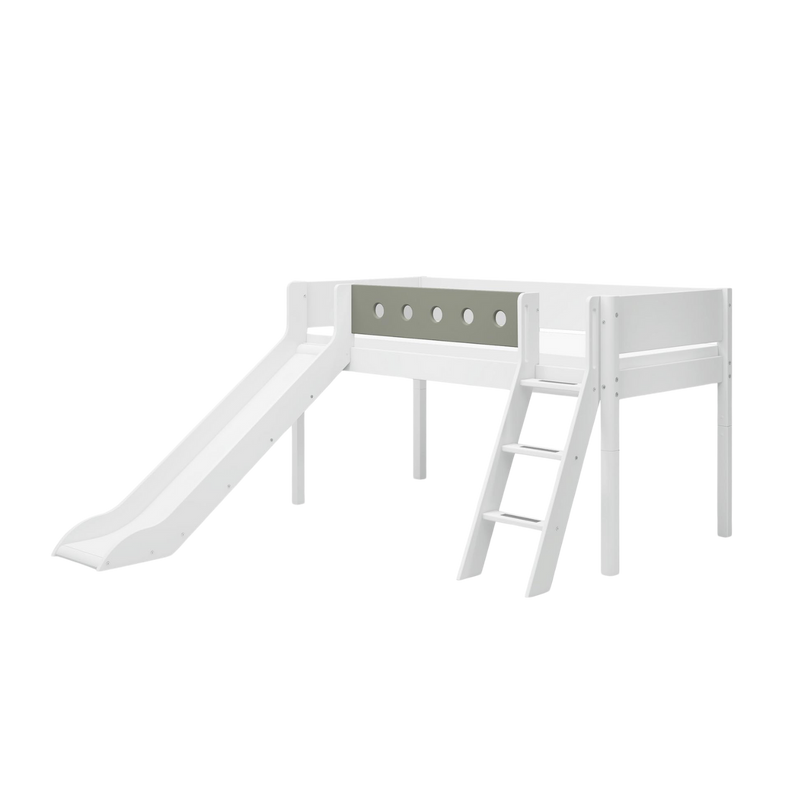 Mid-High Bed with Slide, Ladder and Safety Rail, 90x200 cm, White