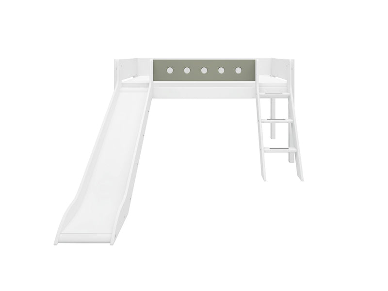 WHITE Halfhoogslaper met Glijbaan, Schuine Ladder, 90x200 cm, Wit/Natural Green