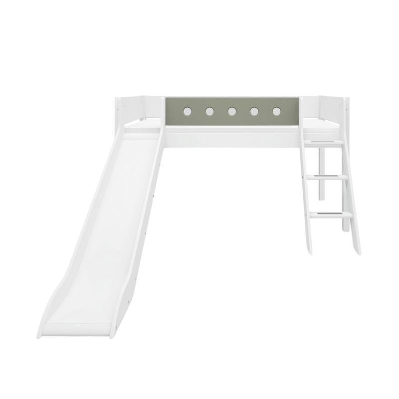 Mid-High Bed with Slide, Ladder and Safety Rail, 90x200 cm, White
