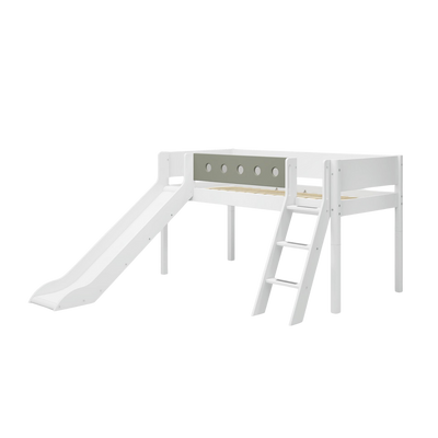 Mid-High Bed with Slide, Ladder and Safety Rail, 90x200 cm, White