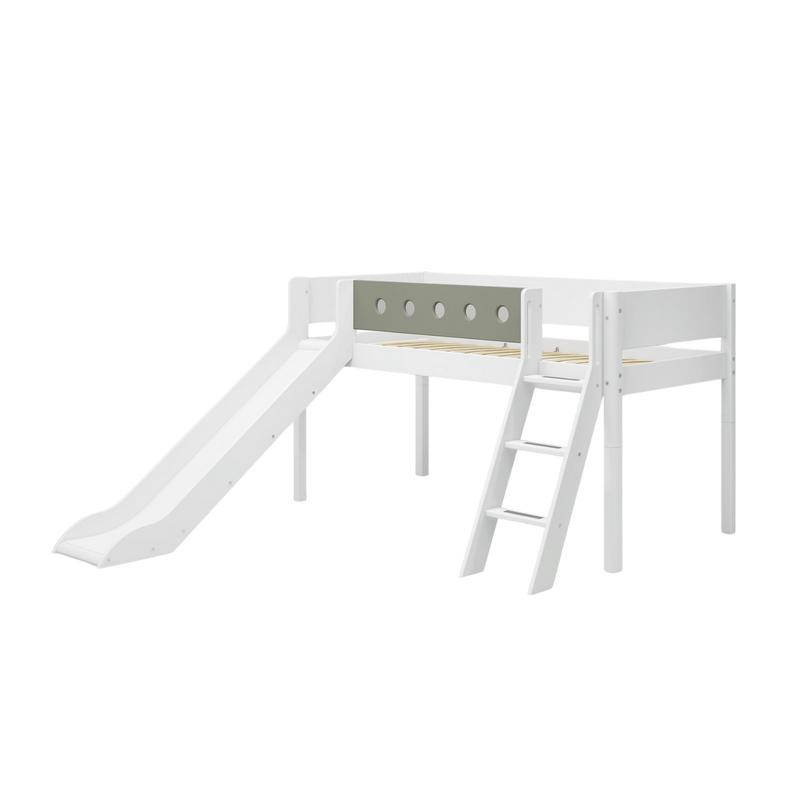 Mid-High Bed with Slide, Ladder and Safety Rail, 90x200 cm, White
