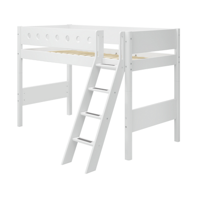 Semi-high Bed with Ladder and Safety Rail, 90x200 cm, White