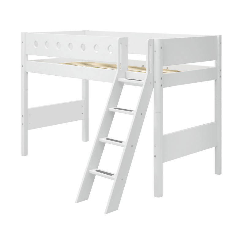 Semi-high Bed with Ladder and Safety Rail, 90x200 cm, White