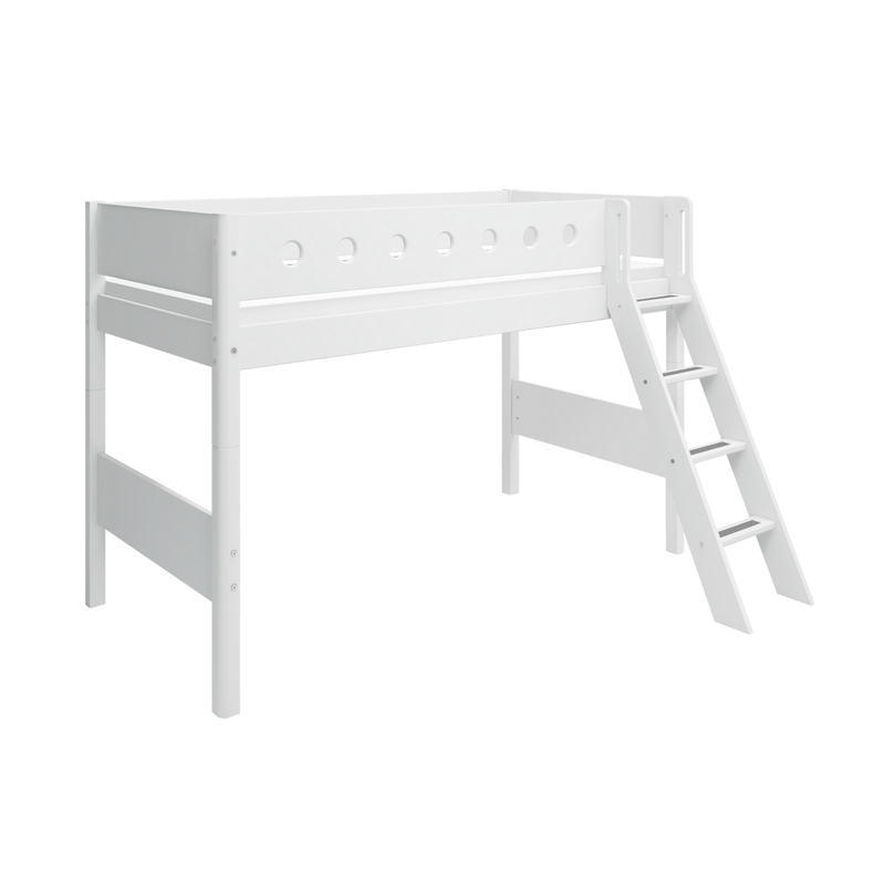Semi-high Bed with Ladder and Safety Rail, 90x200 cm, White