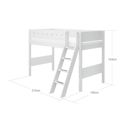 Semi-high Bed with Ladder and Safety Rail, 90x200 cm, White