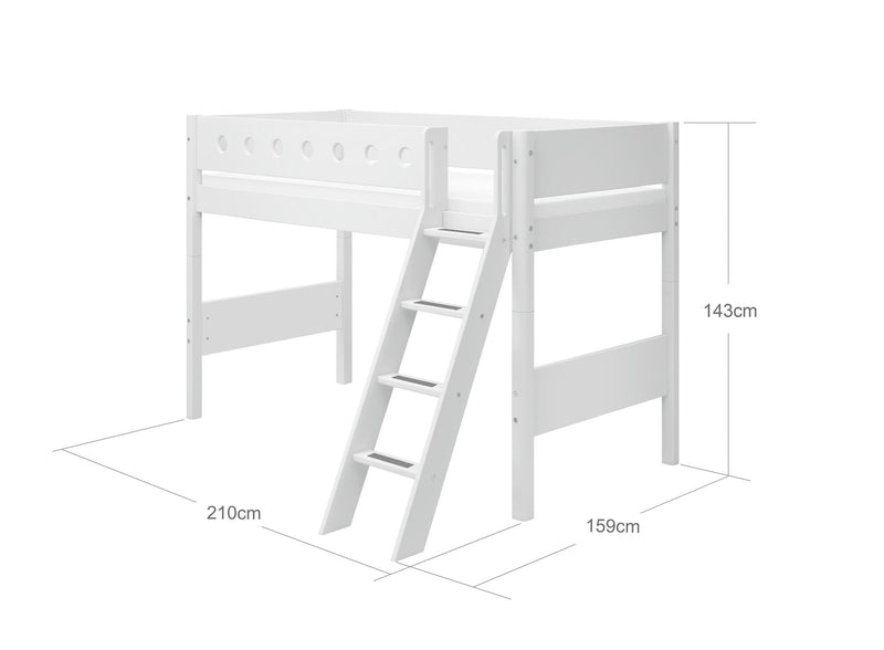 Semi-high Bed with Slanting ladder and Safety Rails, 90x200 cm, White