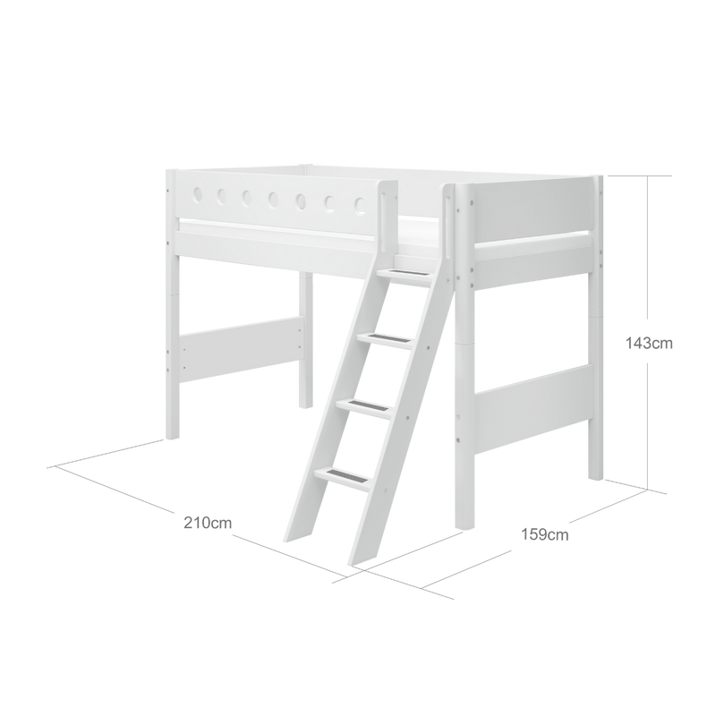 Semi-high Bed with Ladder and Safety Rail, 90x200 cm, White