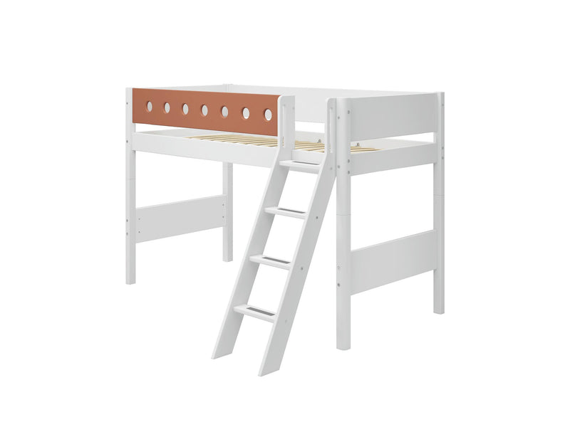 Semi-high Bed with Slanting ladder and Safety Rails, 90x200, White/Blush