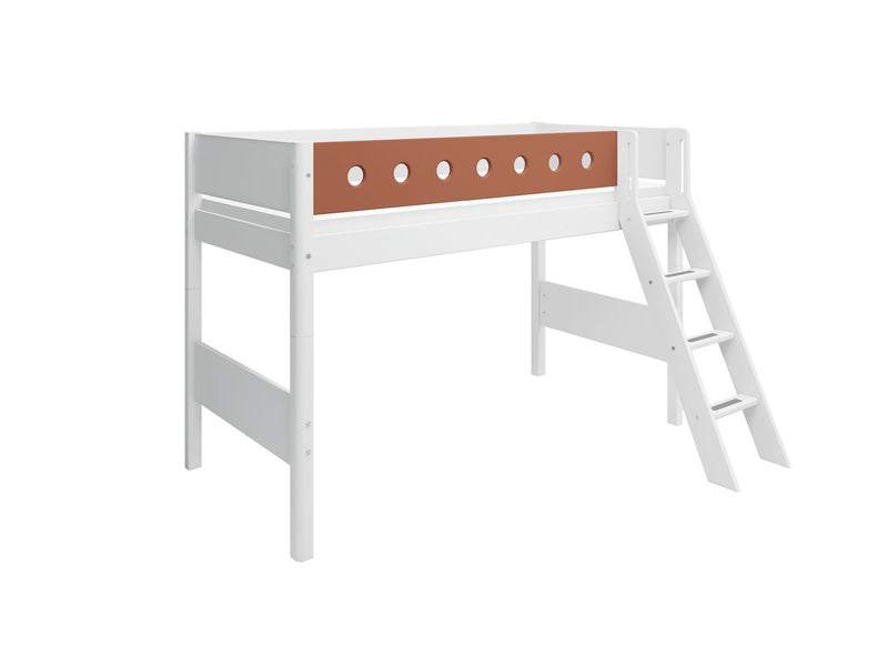 Semi-high Bed with Slanting ladder and Safety Rails, 90x200, White/Blush