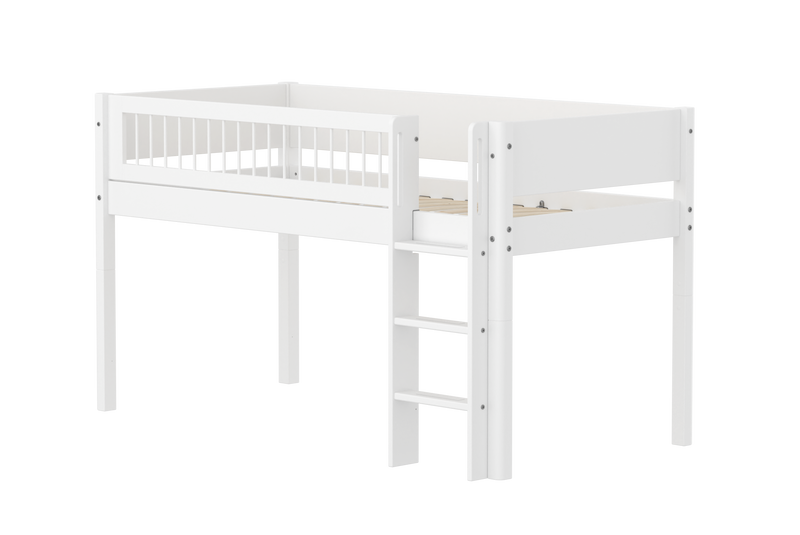 Mid-high Bed with Straight Ladder and Safety Rails, 90x200 cm, White