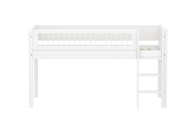 Mid-high Bed with Straight Ladder and Safety Rails, 90x200 cm, White