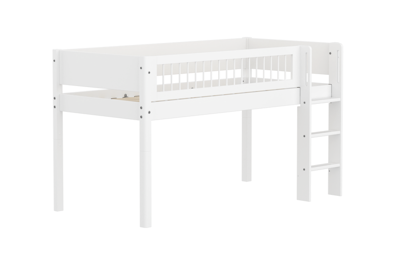 Mid-high Bed with Straight Ladder and Safety Rails, 90x200 cm, White