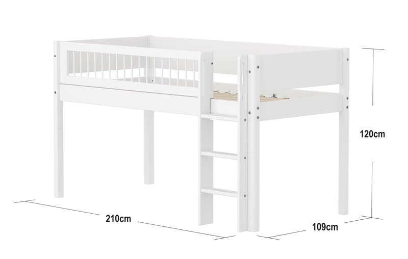 Mid-high Bed with Straight Ladder and Safety Rails, 90x200 cm, White