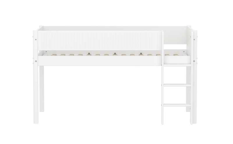 Mid-high Bed with Straight Ladder and Safety Rails, 90x200 cm, White