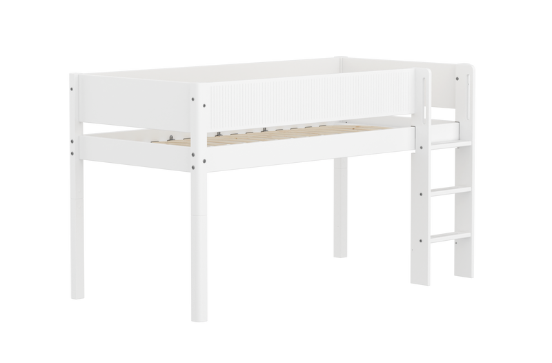 Mid-high Bed with Straight Ladder and Safety Rails, 90x200 cm, White