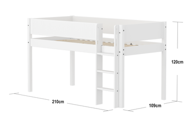 Mid-high Bed with Straight Ladder and Safety Rails, 90x200 cm, White