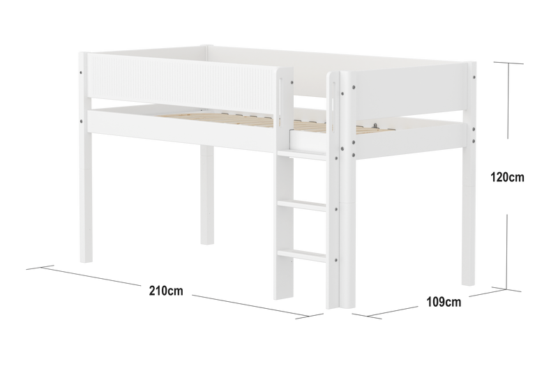 Mid-high Bed with Straight Ladder and Safety Rails, 90x200 cm, White