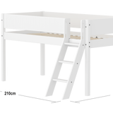 Mid-High Bed with Ladder and Safety Rails, 90x200 cm, White