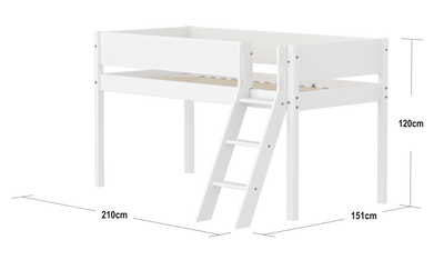 Mid-high Bed with Slanting Ladder and Safety Rails, 90x200 cm, White