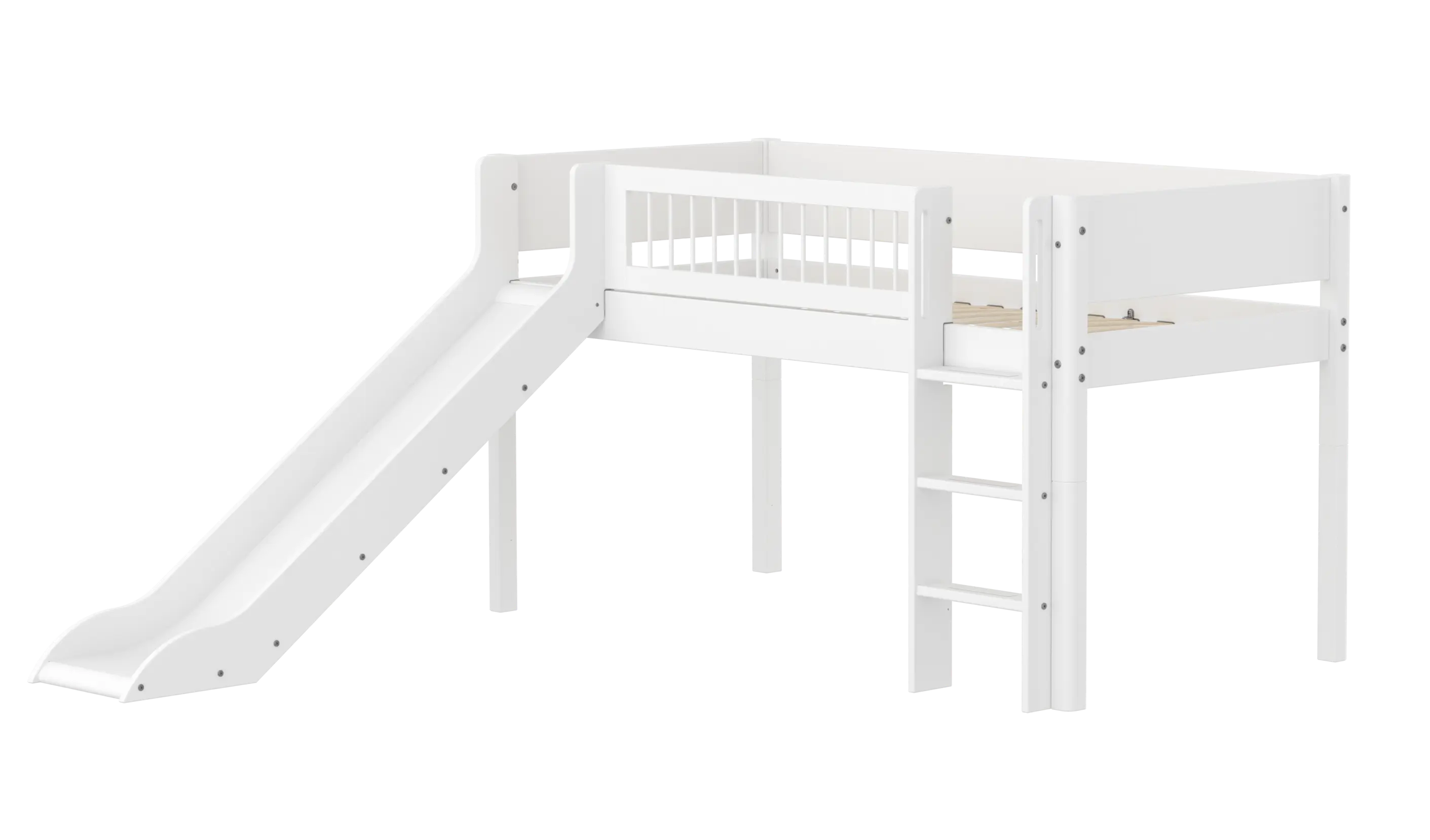 High Bed 120 cm with Slide, Ladder and Safety Rail, 90x200 cm, White MID_HIGH-BED midslp-slide-200x90-str-ladder-crossbars-f-wht  flexa-com.myshopify.com