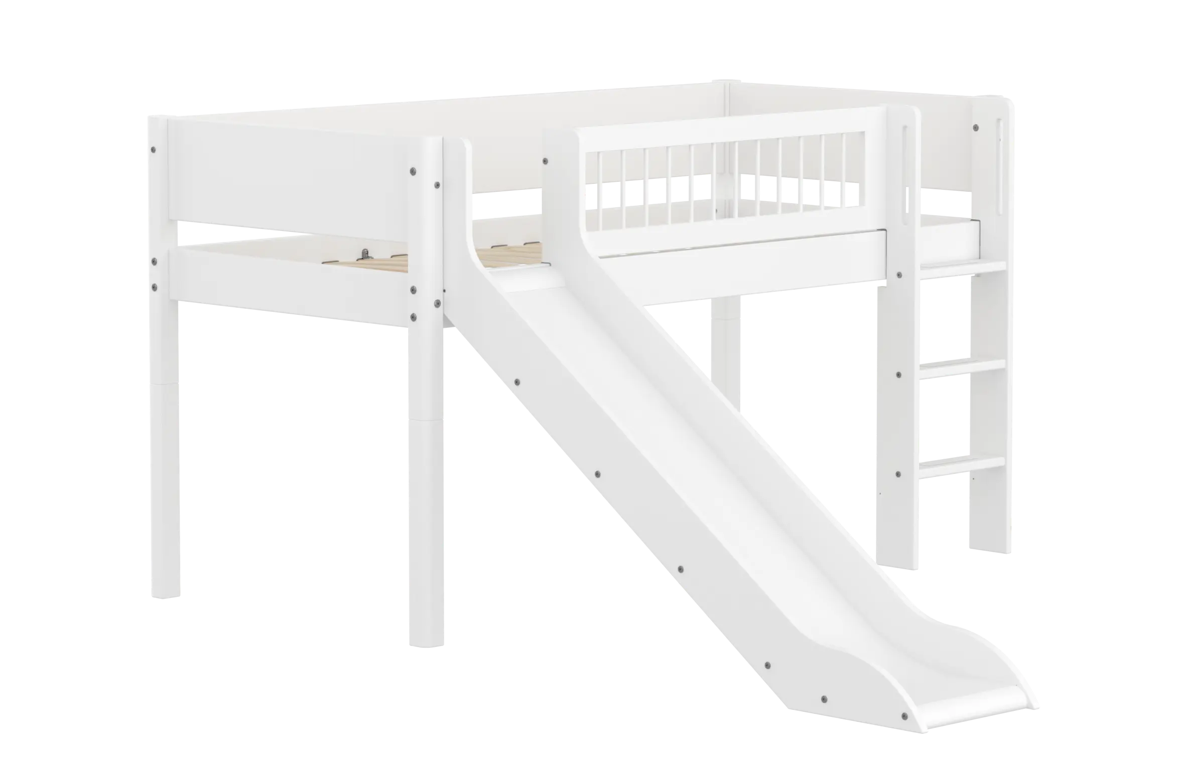 High Bed 120 cm with Slide, Ladder and Safety Rail, 90x200 cm, White MID_HIGH-BED midslp-slide-200x90-str-ladder-crossbars-f-wht  flexa-com.myshopify.com