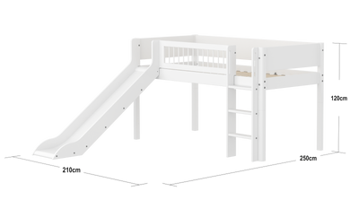 WHITE Halbhohes Bett mit Rutsche, 90x200 cm, Weiß