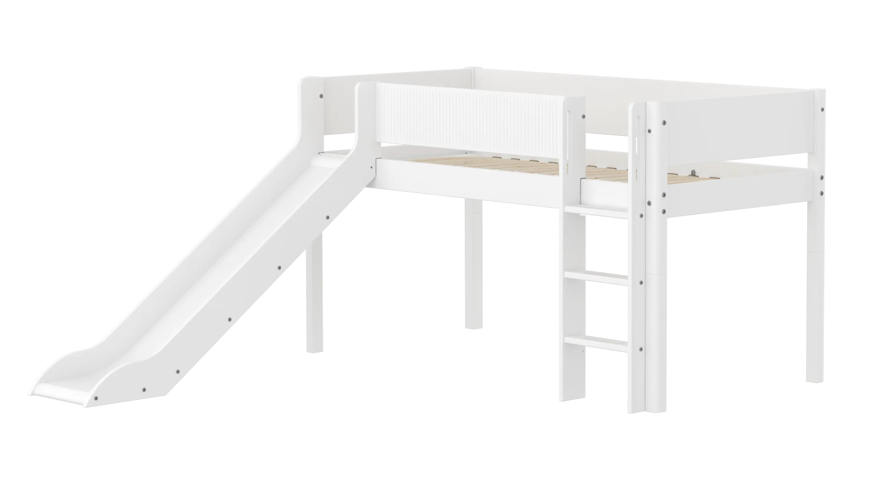 High Bed 120 cm with Slide, Ladder and Safety Rail, 90x200 cm, White MID_HIGH-BED midslp-slide-200x90-str-ladder-grooves-f-wht  flexa-com.myshopify.com