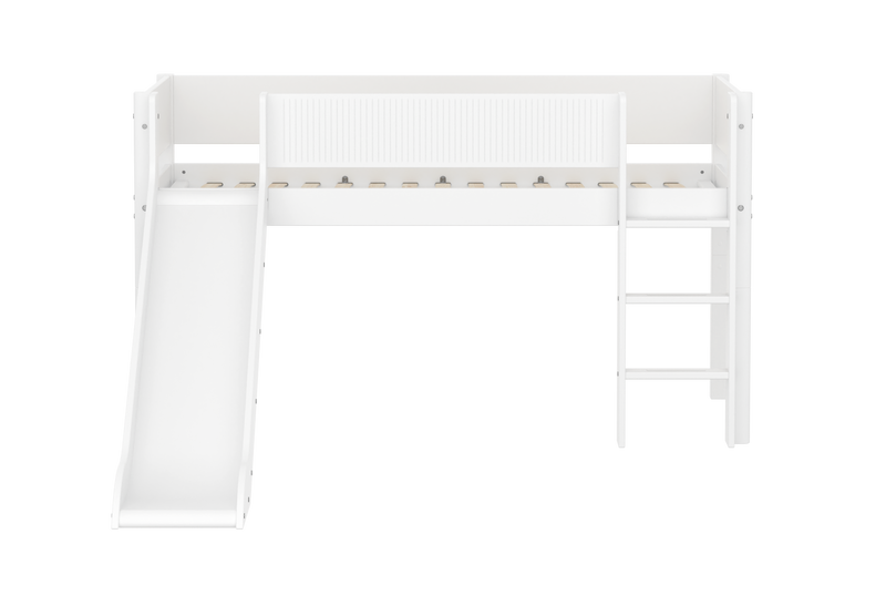 Mid-high Bed with Slide, Straight Ladder and Safety Rails, 90x200 cm, White