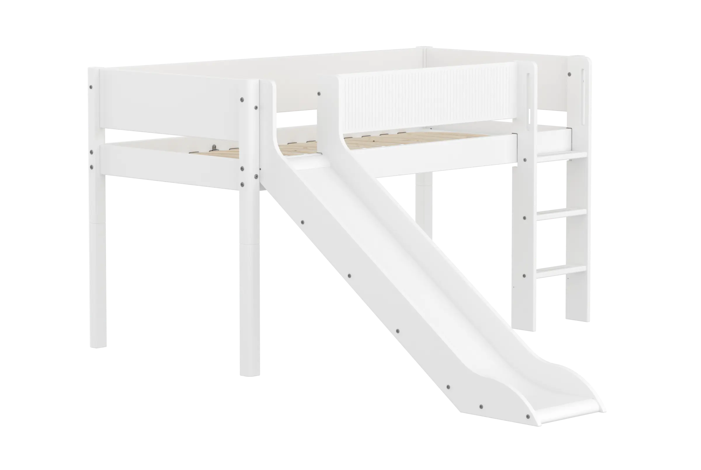 High Bed 120 cm with Slide, Ladder and Safety Rail, 90x200 cm, White MID_HIGH-BED midslp-slide-200x90-str-ladder-grooves-f-wht  flexa-com.myshopify.com