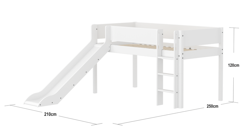 Mid-high Bed with Slide, Straight Ladder and Safety Rails, 90x200 cm, White