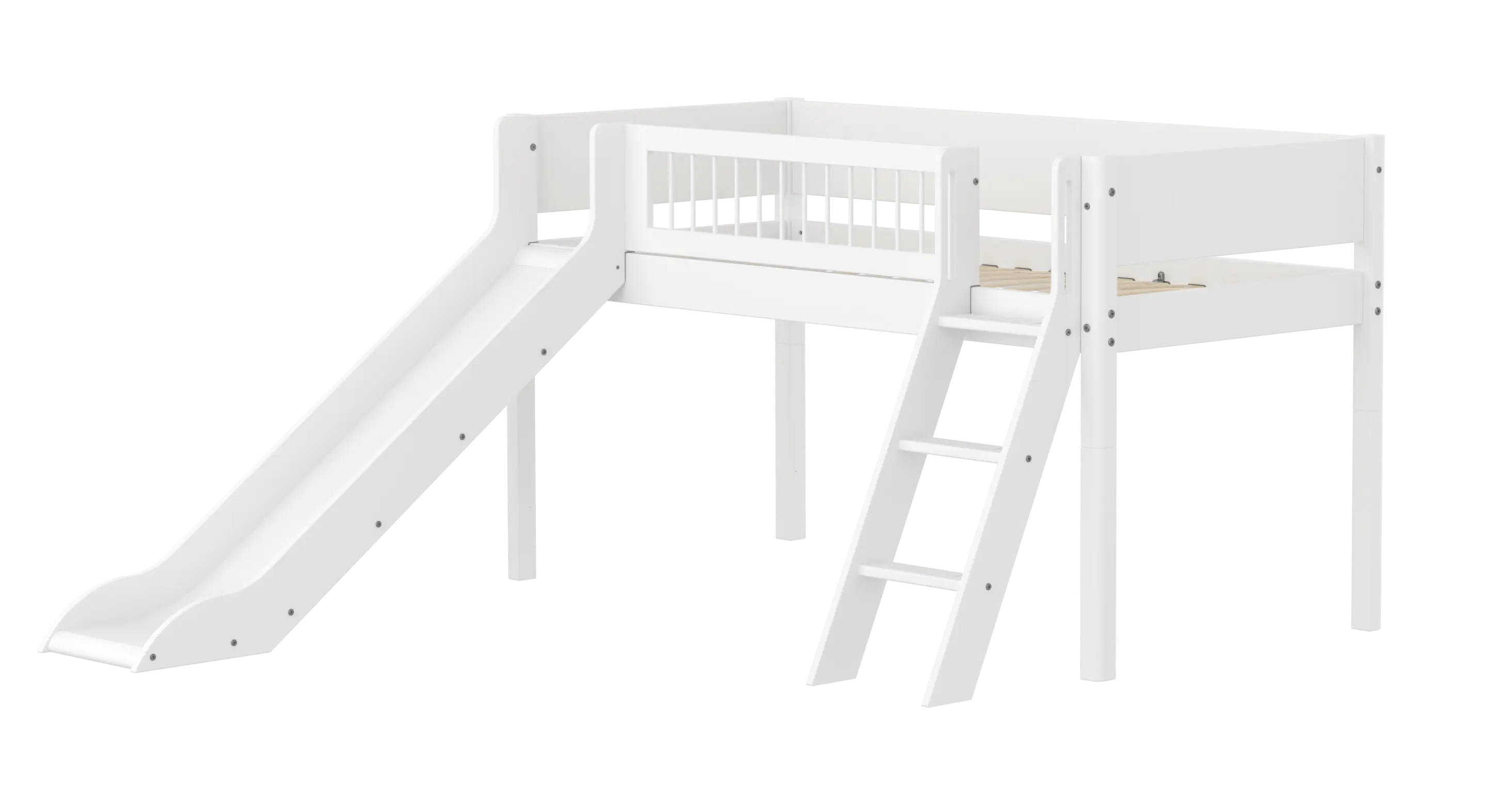 High Bed 120 cm with Slide, Ladder and Safety Rail, 90x200 cm, White MID_HIGH-BED midslp-slide-200x90-sl-ladder-crossbars-f-wht  flexa-com.myshopify.com