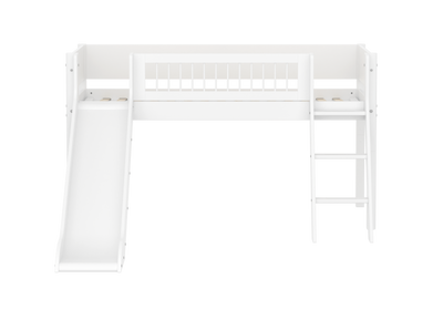 Mid-high Bed with Slide, Slanting Ladder and Safety Rails, 90x200 cm, White