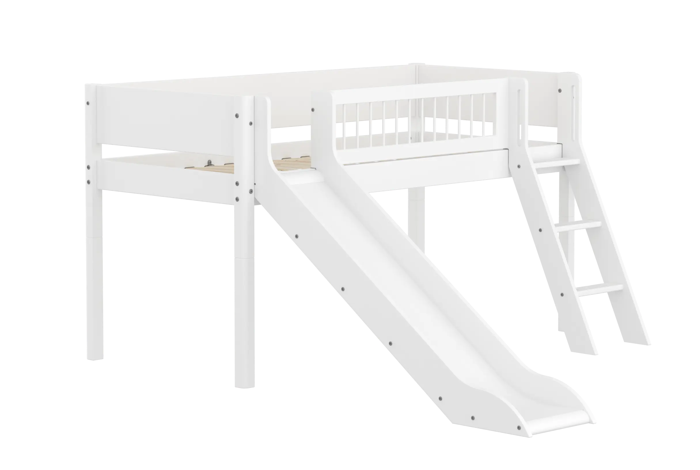 High Bed 120 cm with Slide, Ladder and Safety Rail, 90x200 cm, White MID_HIGH-BED midslp-slide-200x90-sl-ladder-crossbars-f-wht  flexa-com.myshopify.com