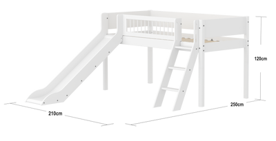 WHITE Halfhoogslaper met Glijbaan, Schuine Ladder, 90x200 cm, Wit